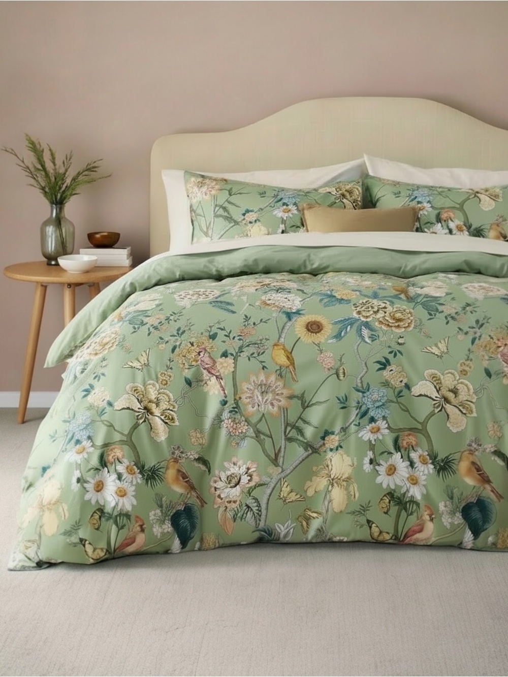 NEW Anthro Green Floral Bird Boho Cotton Queen King Size Bedding Duvet Sham Set